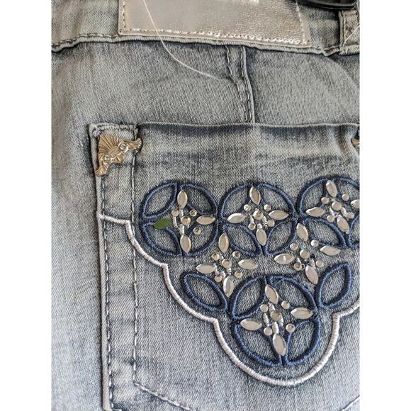 Vintage Y2K Dolce Donna Juniors Sz 5 Low Rise Light Wash Rhinestone Blue Jeans - Picture 6 of 7